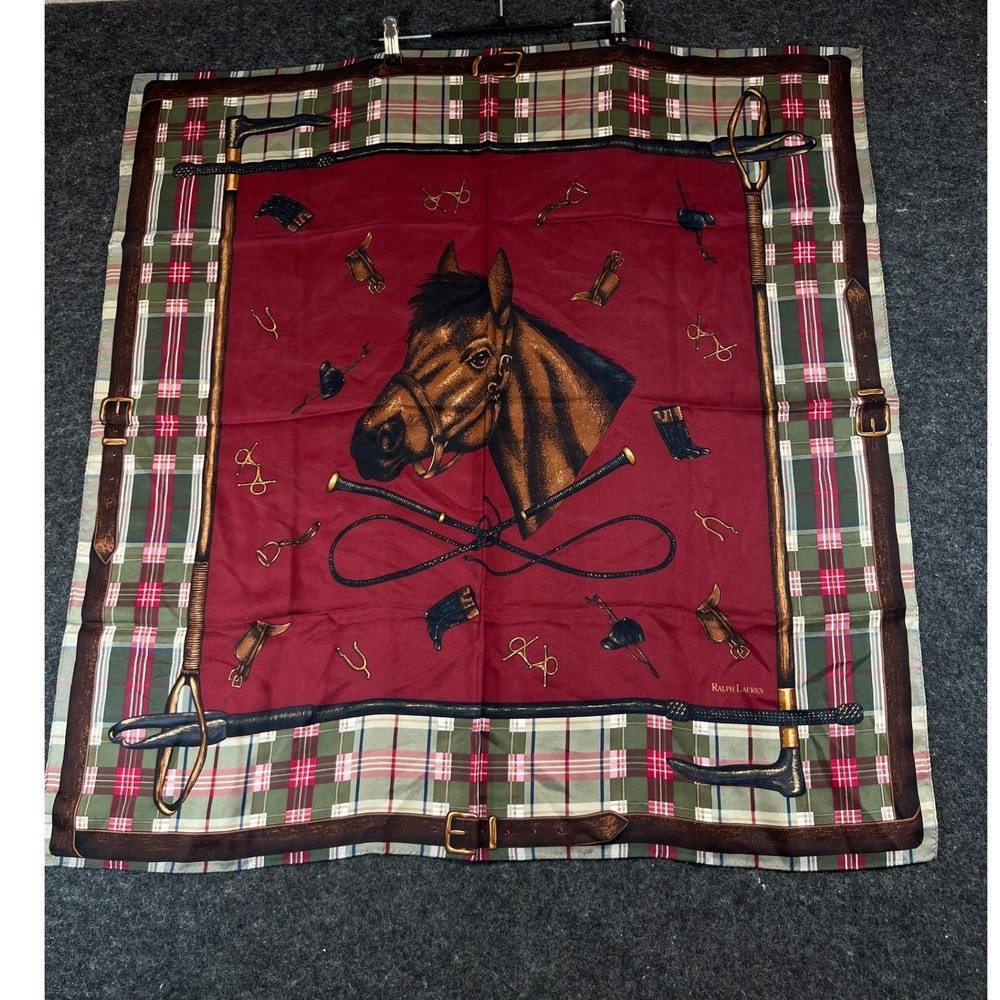 Ralph Lauren Silk Scarf Burgundy Equestrian Horse Plaid Made in Japan Square